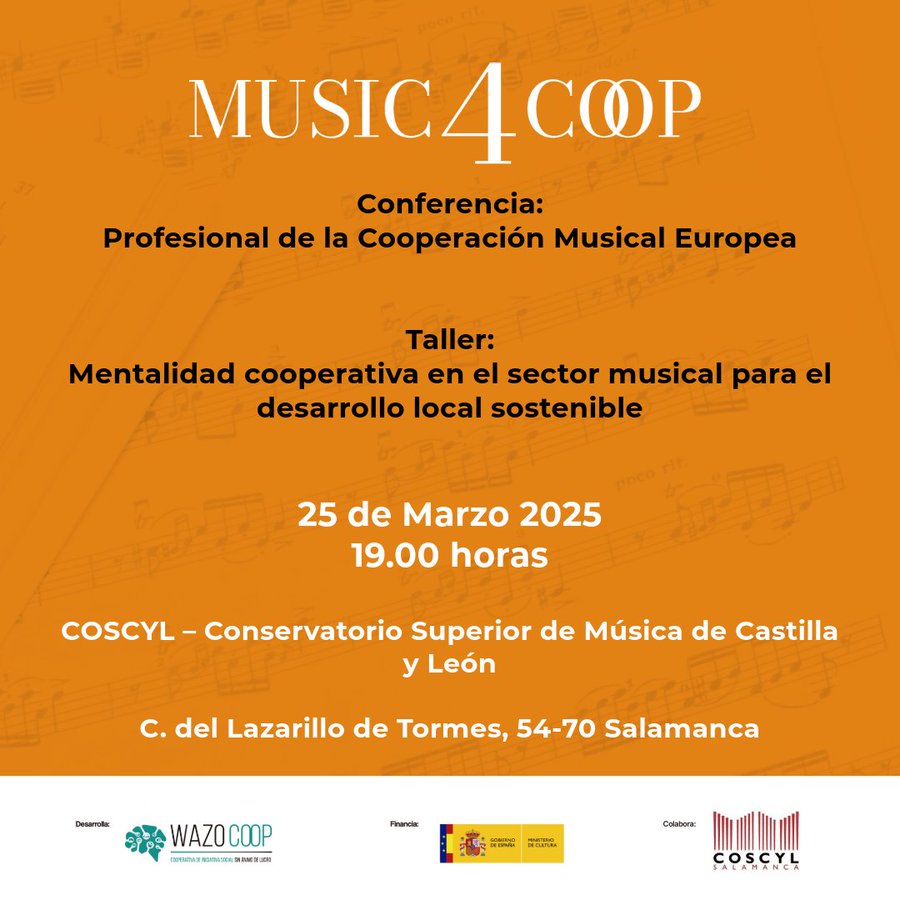 🎶 ¡Nos vemos mañana en #Salamanca! Estaremos trabajando en el proyecto <a href="/music4coop/">Music4Coop</a> de @wazo_coop, apoyado por el Ministerio de Cultura, para impulsar la mentalidad #cooperativa en el sector musical y el desarrollo #rural.
📌 Detalles e inscripciones: bit.ly/3F6L2Fu