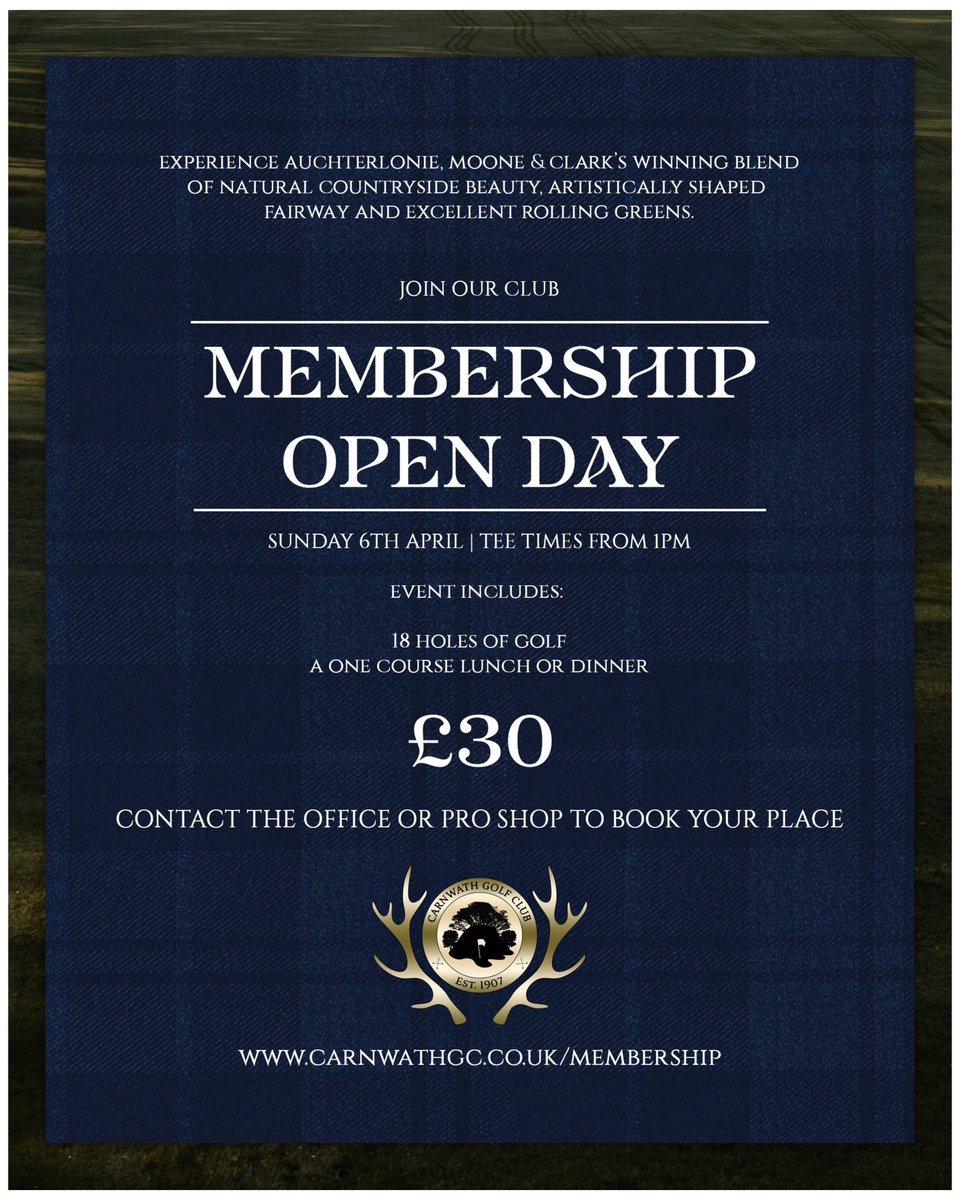 Join us for our Membership Open Day on Sunday the 6th of April! 

We’re welcoming guests to experience CGC. Should you decide to join, you’ll receive your £30 discounted from your fees for the season.

Tee times from 1pm - Book now 👇

📞: 01555 840251