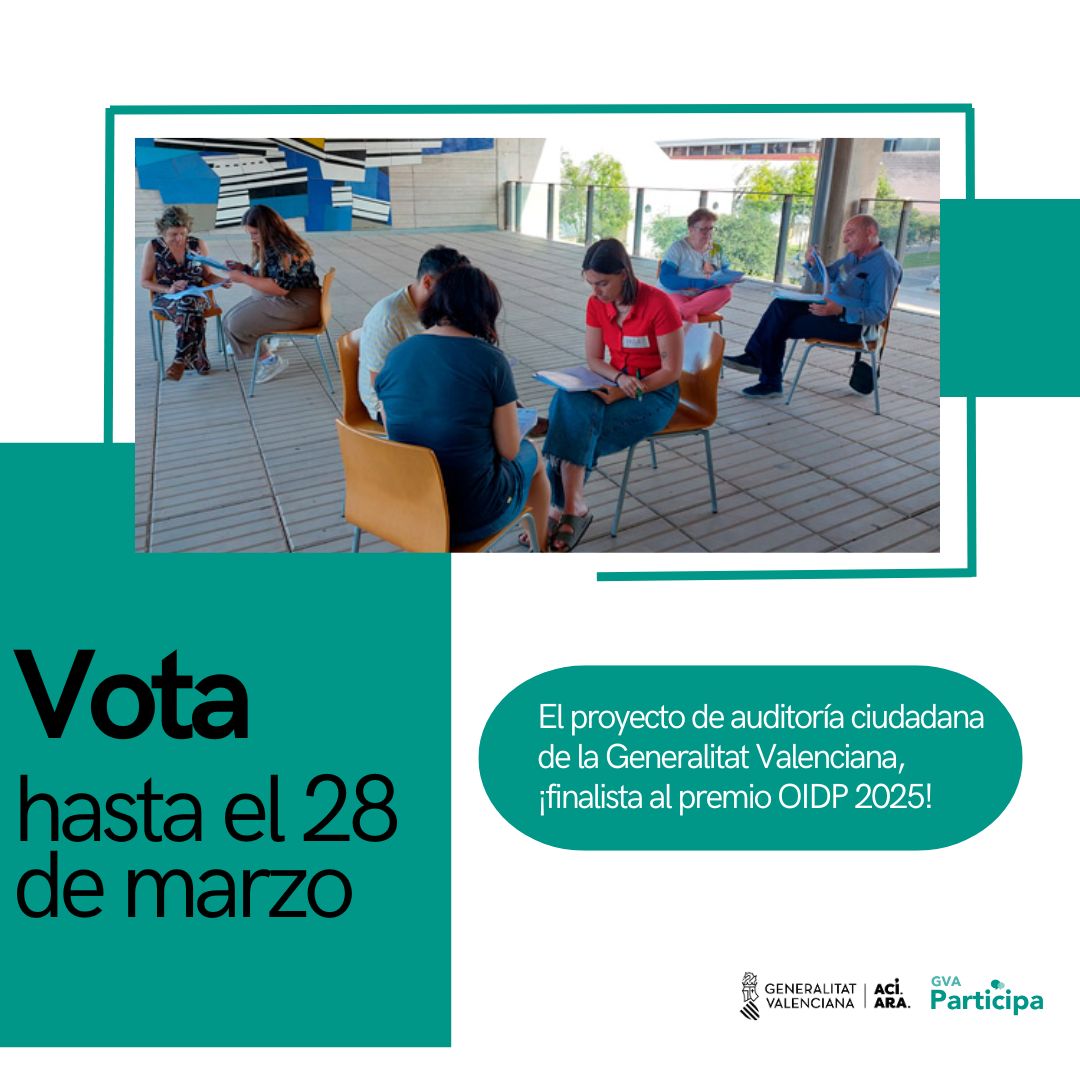 GVA Gobierno Abierto (@gvagovernobert) on Twitter photo 🔛La votación para la 19ª #DistinciónOIDP en #OIDPCórdoba2025 sigue abierta‼️
🏆La <a href="/generalitat/">Generalitat</a> es finalista por su proyecto de Auditoría Ciudadana, donde la ciudadanía evalúa las políticas públicas.
🗳️Vota hasta el 28 de marzo⤵️
participate.oidp.net/processes/awar… 🔛La votación para la 19ª #DistinciónOIDP en #OIDPCórdoba2025 sigue abierta‼️
🏆La <a href="/generalitat/">Generalitat</a> es finalista por su proyecto de Auditoría Ciudadana, donde la ciudadanía evalúa las políticas públicas.
🗳️Vota hasta el 28 de marzo⤵️
participate.oidp.net/processes/awar…