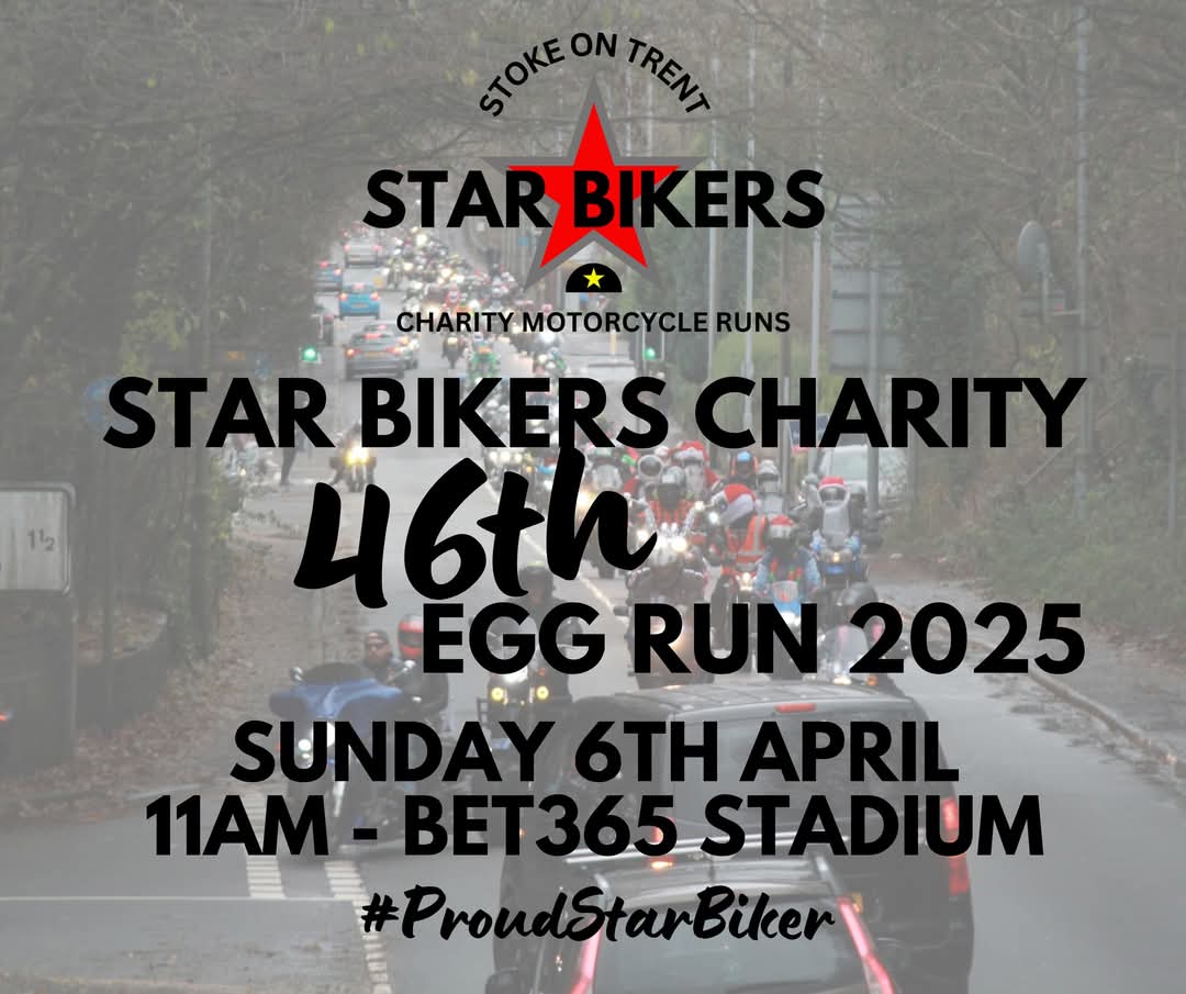 Just under 2 weeks to go until you're donning those helmets, standing at the roadside and partying with us at King's Hall!

Star Bikers Charity 46th Egg Run 2025 is Sunday 6th April from Bet365 Stadium at 11am! 

#ProudStarBiker
