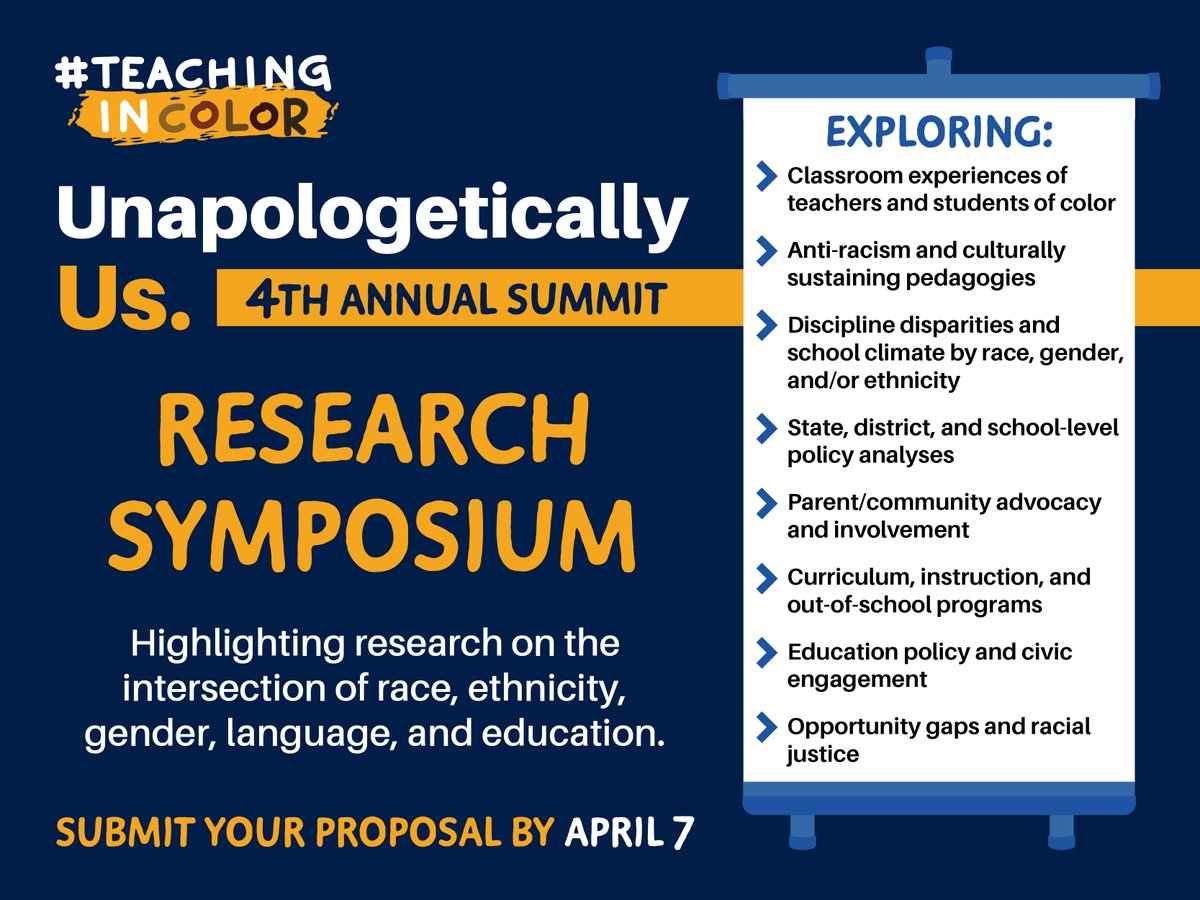 📢 Call for proposals 📢
Our  #TeachingInColor Summit Research Symposium is back for a second year to highlight research on the intersection of race, ethnicity, gender, language, and education.  
🔗 Learn more: docs.google.com/document/d/1dY…
