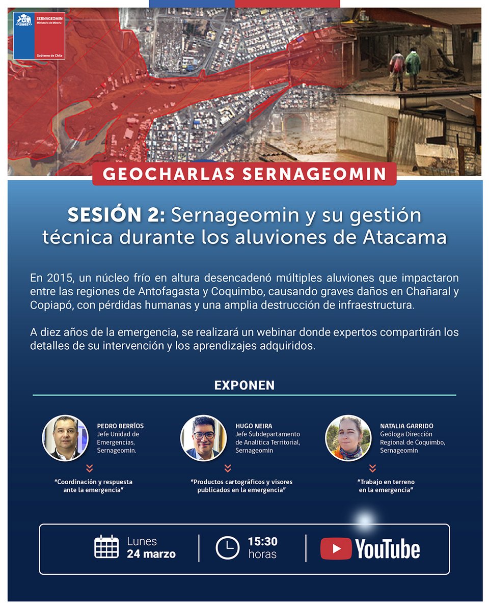 sernageomincl's tweet photo. A 10 años de los aluviones | Hoy, a las 15:30 hrs, acompáñanos al webinar "Sernageomin y su gestión técnica durante los aluviones de Atacama". Expertos compartirán su experiencia y los aprendizajes adquiridos. Síguelo en vivo aquí ➡️https://t.co/EZzyWeo71m https://t.co/A6irls1f4s