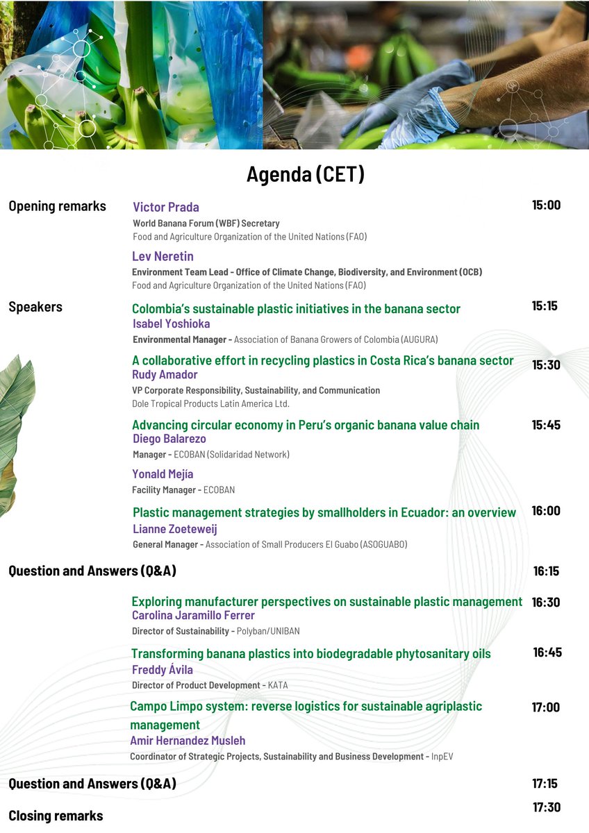 Only 2 days to go until the webinar on "Sustainable Solutions for Plastic Management in the Banana Value Chain". 

Hear directly from public and private sector actors tackling plastic challenges in agriculture and in the banana value chain!

Check the agenda below👇