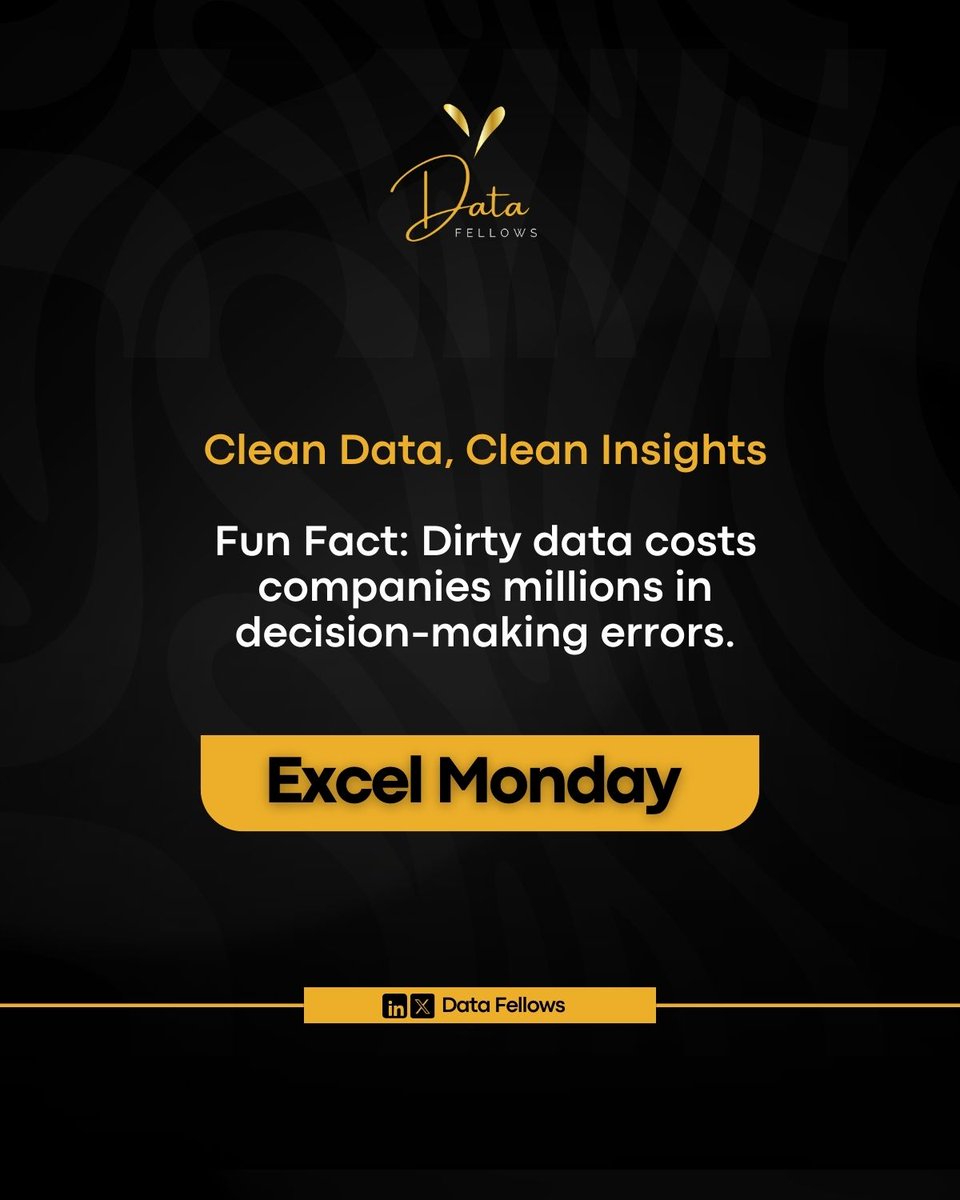 DatafellowsInfo's tweet image. Clean and organized data is the key to accurate insights! 
Learn how to remove duplicates, handle missing values, and standardize datasets for better analysis.

---
(#DataCleaning #ExcelTip #MondayMotivation #Peterobi Egypt Happy New week)
