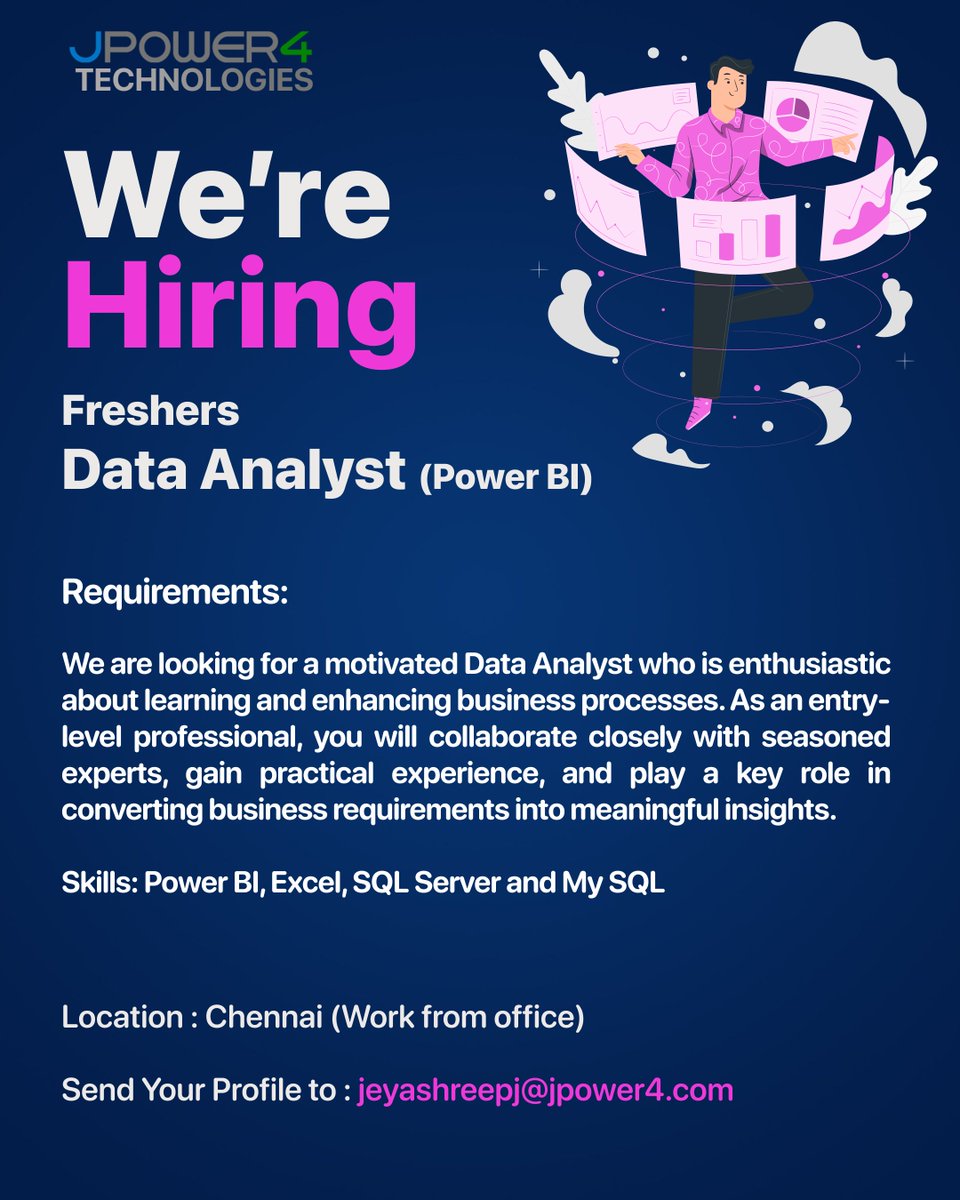 📢  We’re Hiring Freshers!

Join our team as a Power BI Data Analyst! We are hiring freshers who are eager to explore data analytics and bring actionable insights to life. Kickstart your career JPOWER4 TECHNOLOGIES PRIVATE LIMITED.

#2024 #Passout

#Hiring #jpower4  #powerbi