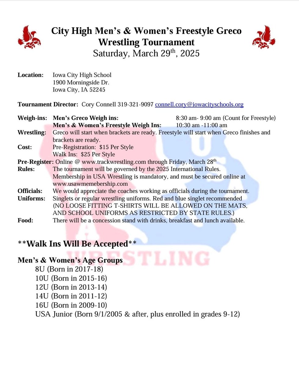 Register here for this Saturday's City High Freestyle &amp; Greco Tournament: trackwrestling.com/registration/T…