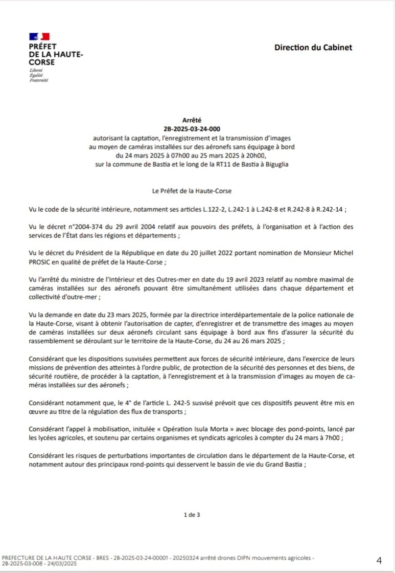 Image de Préfet Haute-Corse - 📜Arrêté n°2B-2025-03-24-000 autorisant la captation, l'enregistrement et la transmission d'images a