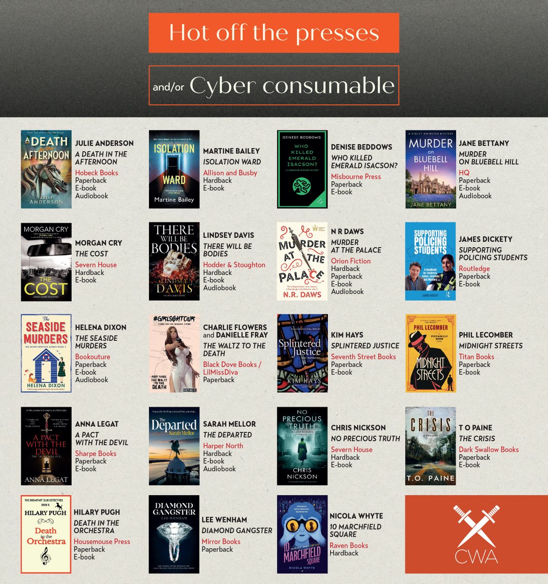 Check out what's coming in April from CWA Authors! New books from Julie Anderson, Martine Bailey, Denise Beddows, Jane Bettany, Morgan Cry, Lindsey Davis, NR Daws, James Dickety, Helena Dixon, Charlie flowers and Danielle Fray, Kim Hays, Phil Lecomber, Anna Legat, and more!
