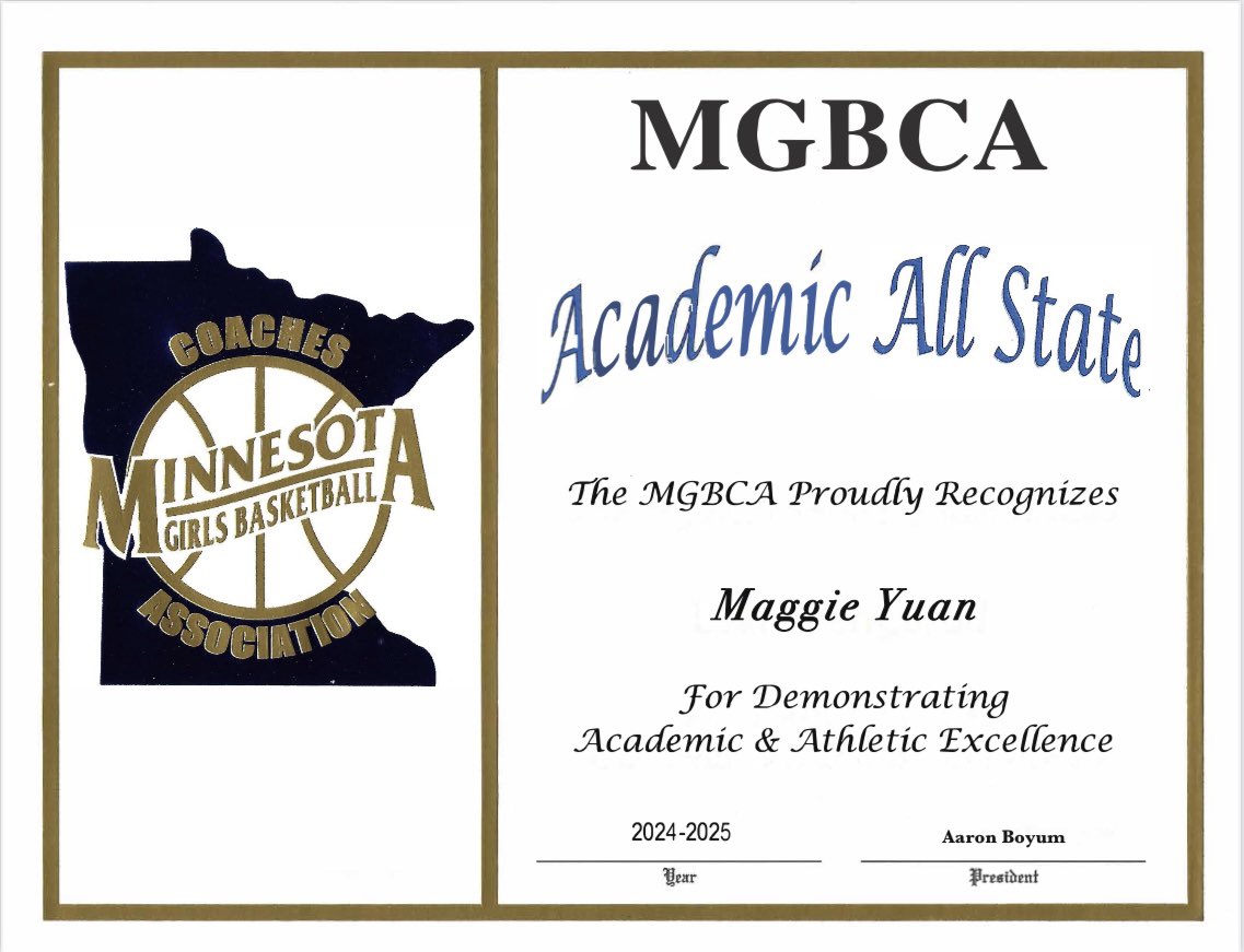 Congratulations to Sr. Maggie Yuan on earning Academic All-State Honors