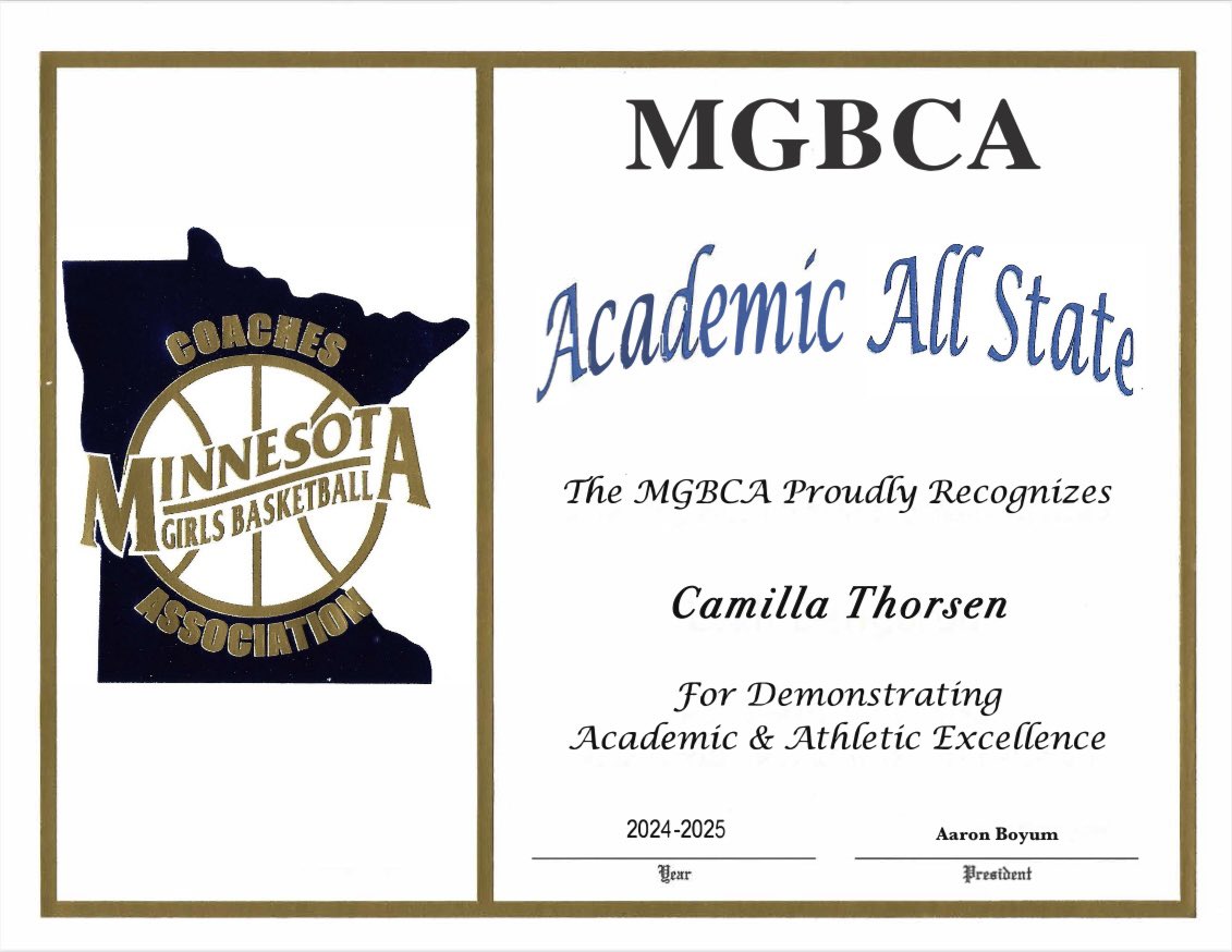 Congratulations to Sr. Camilla Thorsen on earning Academic All-State Honors