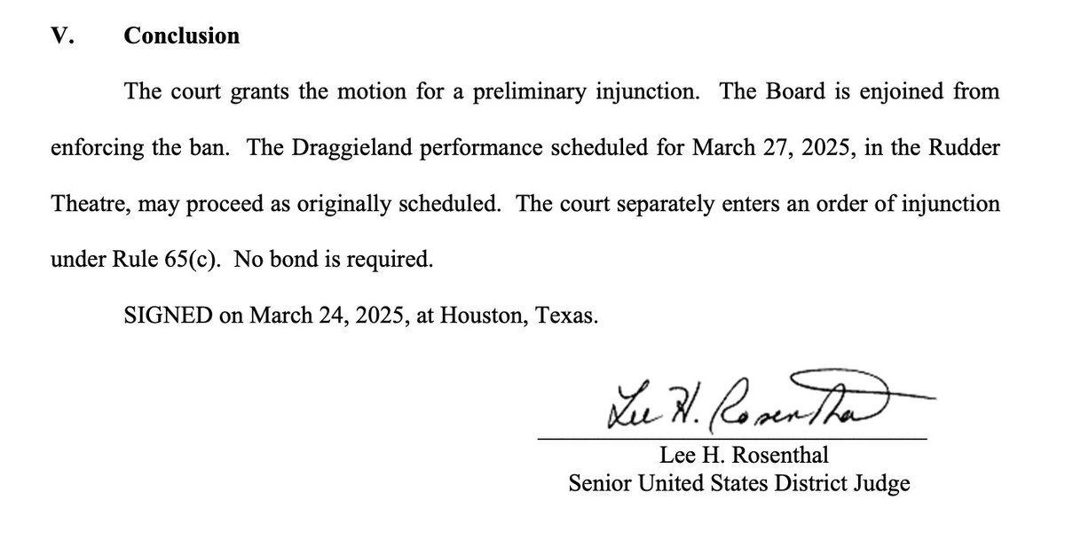 kyledcheney's tweet image. JUST IN: A federal judge in Texas (George HW Bush appointee) has barred Texas A&amp;amp;M's board from canceling a drag show on campus.

Trump's executive order "cannot override First Amendment protections," she rules.

"Draggieland" will go on March 27. 

storage.courtlistener.com/recap/gov.usco…