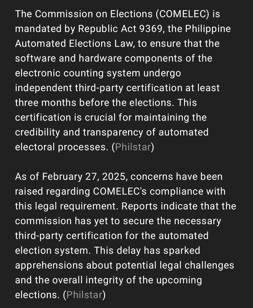 lambdaalpha10's tweet image. Aside from ICC issue, @SenImeeMarcos has @COMELEC complied with may 2025 election AES certification? 
@rapplerdotcom @ABSCBNNews @iamkarendavila @gmanews @newswatchplusph @bilyonaryo_ph