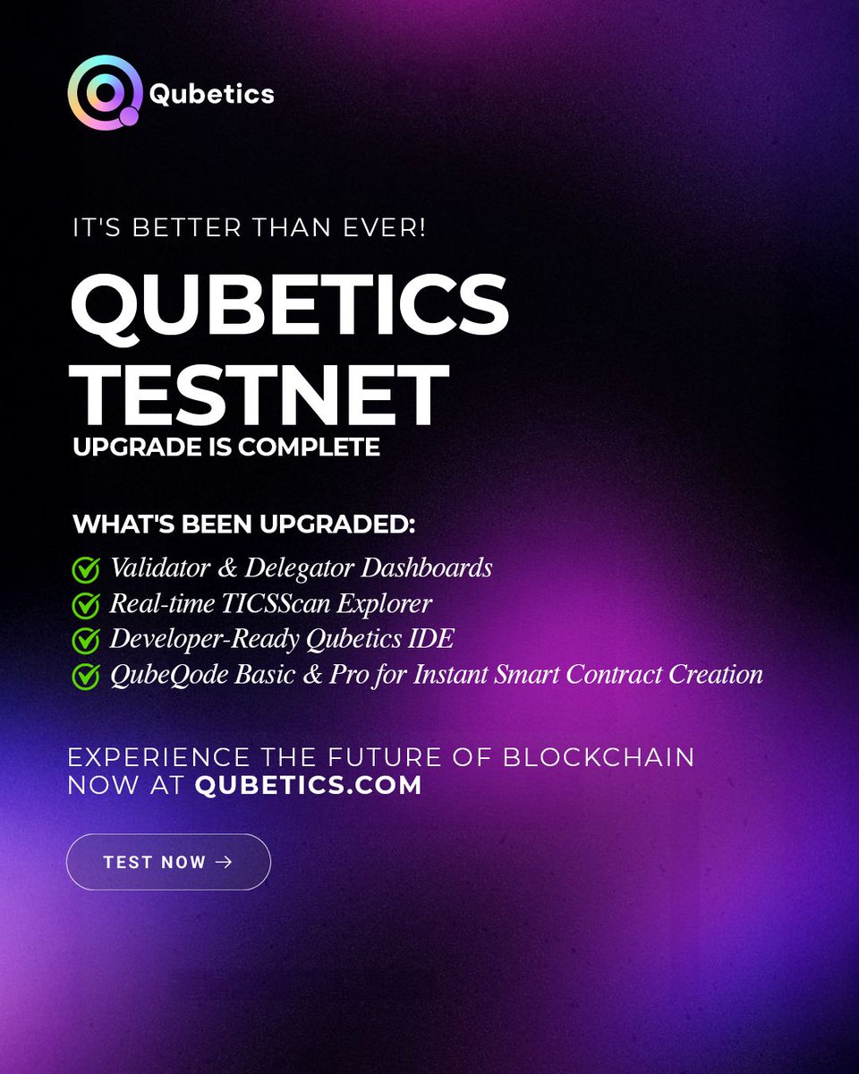 The Qubetics Testnet Upgrade is Now Live!
We’ve officially completed the transition from Alpha to Full Testnet—and it’s better than ever.

Here’s what’s new and ready for you to explore: ✅ Validator &amp; Delegator Dashboards
✅ Real-time TICSScan Blockchain Explorer
✅