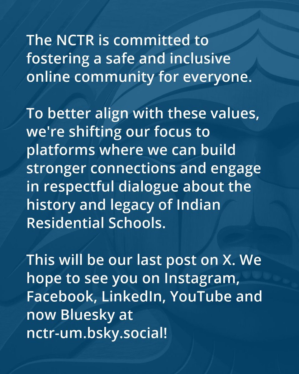 We're moving! To foster safe, respectful &amp; inclusive dialogue on Indian Residential Schools, find us on Instagram, Facebook, LinkedIn, YouTube &amp; Bluesky (<a href="/nctr/">⋆</a>-um.bsky.social).
