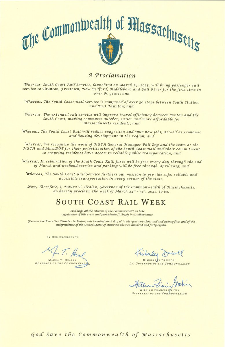 Maura Healey (@massgovernor) on Twitter photo After almost 70 years, the <a href="/MBTA_CR/">MBTA Commuter Rail</a> is back serving southeastern Massachusetts.
That’s a reason to celebrate – so we made the Fall River/New Bedford Line free through the end of the month. Happy South Coast Rail Week! 💜 After almost 70 years, the <a href="/MBTA_CR/">MBTA Commuter Rail</a> is back serving southeastern Massachusetts.
That’s a reason to celebrate – so we made the Fall River/New Bedford Line free through the end of the month. Happy South Coast Rail Week! 💜