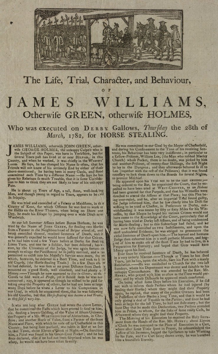 A somewhat gruesome souvenir of the justice system in action in the 18th century. Such broadsheets were commonly sold at public executions with crude woodcut prints and often a warning not to follow in the criminal’s footsteps! 
#EYAJustice