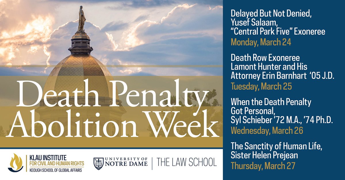 Notre Dame Law School (@ndlaw) on Twitter photo Today marks the start of a dynamic week of programming for Death Penalty Abolition Week, sponsored by the Notre Dame Law School Exoneration Justice Clinic (<a href="/NDLawEJC/">Notre Dame Law School Exoneration Justice Clinic</a>) and the Klau Center for Civil and Human Rights (<a href="/NDHumRts/">Klau Institute for Civil and Human Rights</a>). Today marks the start of a dynamic week of programming for Death Penalty Abolition Week, sponsored by the Notre Dame Law School Exoneration Justice Clinic (<a href="/NDLawEJC/">Notre Dame Law School Exoneration Justice Clinic</a>) and the Klau Center for Civil and Human Rights (<a href="/NDHumRts/">Klau Institute for Civil and Human Rights</a>).