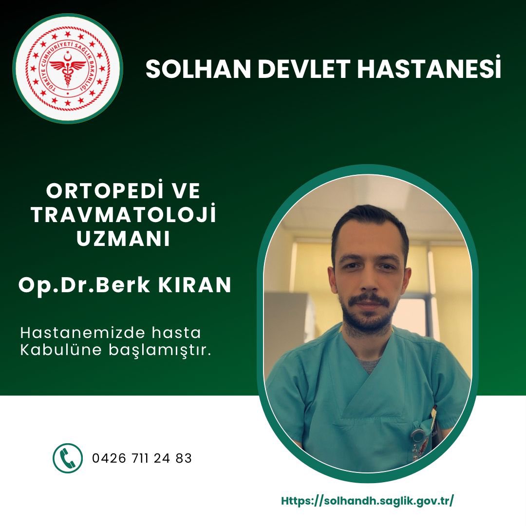 Ortopedi ve Travmatoloji Uzmanı Op.Dr. Berk KIRAN Hastanemizde hasta kabulüne başlamıştır.<a href="/bingolsaglik/">Bingöl İl Sağlık Müdürlüğü</a>