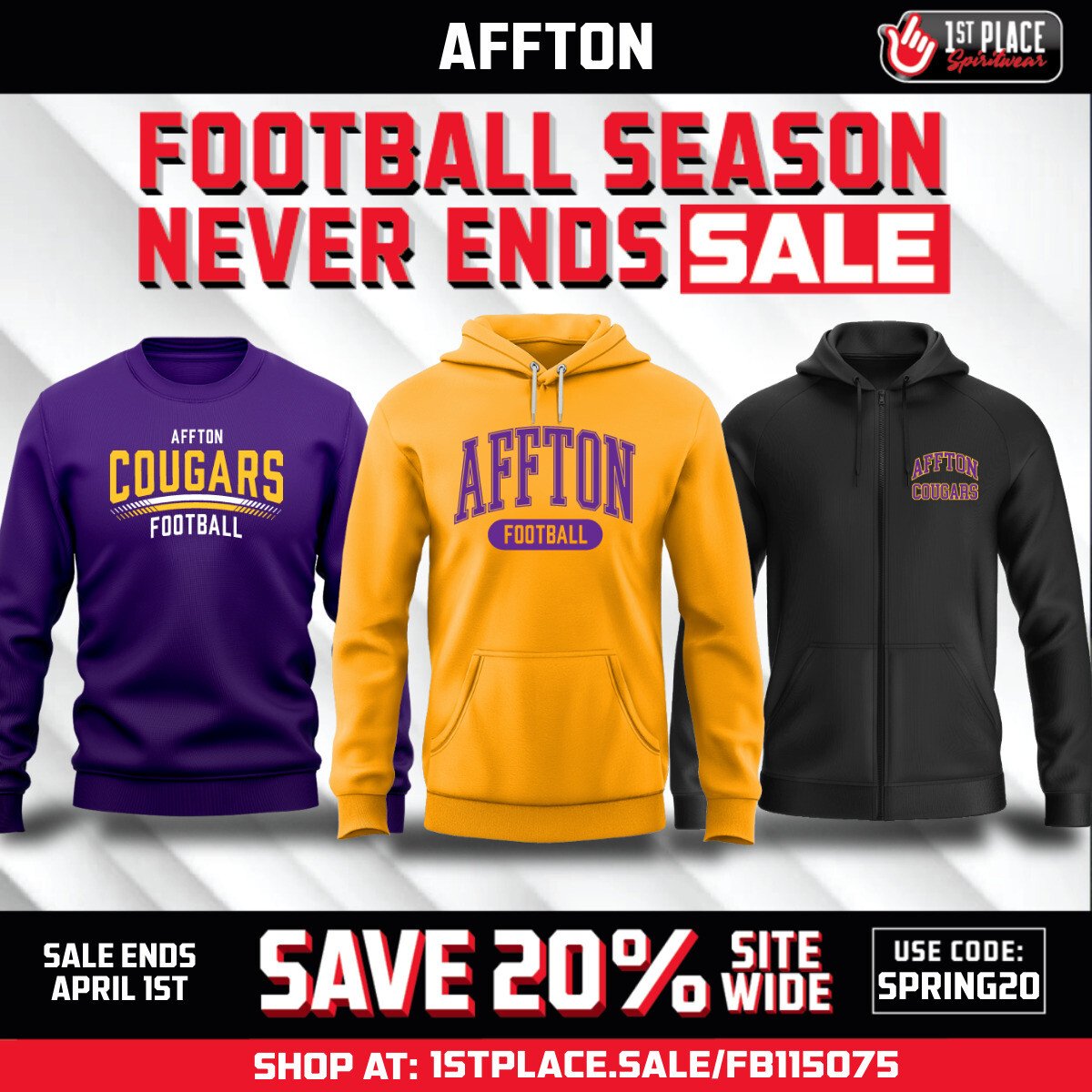 Affton Football Family — Spring is here, show off your Cougar pride in style.
Plus, we’ve got a special deal just for you:
🛍️ SAVE 20% with code SPRING20 — this deal ends April 1st!

👉 Shop now: 1stplace.sale/FB115075