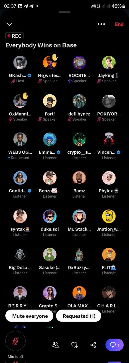 Everybody wins on <a href="/base/">Base</a> 

I hosted an impromptu space lastnight
And we about various opportunities in the Base ecosystem.

I also talked about my Mission with $Ewob to bring over 500 persons onchain by paying for their Base name reg fee.

We will start today

I took a snapshot