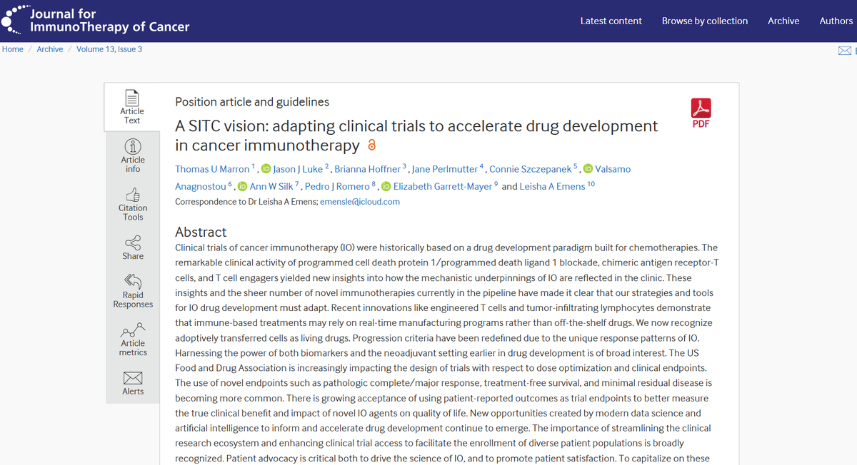 Jason Luke, MD, FACP (@jasonlukemd) on Twitter photo A <a href="/sitcancer/">Society for Immunotherapy of Cancer</a> vision statement on accelerating #clinicaltrials to get 100 immunotherapy regulatory approvals in 10 years. Excited to be part of this effort for the paper, for our field but most importantly for the people w #cancer we are working to #cure!
jitc.bmj.com/content/13/3/e… A <a href="/sitcancer/">Society for Immunotherapy of Cancer</a> vision statement on accelerating #clinicaltrials to get 100 immunotherapy regulatory approvals in 10 years. Excited to be part of this effort for the paper, for our field but most importantly for the people w #cancer we are working to #cure!
jitc.bmj.com/content/13/3/e…