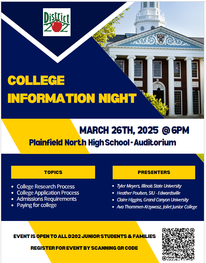 Reminder that we have our College Info Night for Junior parents/students this Wednesday!!
Register via QR code on flyer to attend/receive presentation the day after.