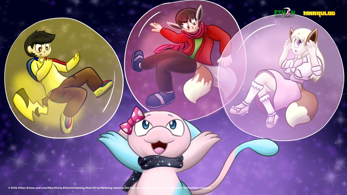 markulogmedia's tweet image. An art trade with @EthanVerGaming featuring Ethan, Emma, and Mark entrapped in bubbles by Luna Mew and transforming into their #Pikachu and #Eevee forms under its effects. #TFTuesday #TFEveryday #transformation #Pokemon #ピカチュウ #イーブイ