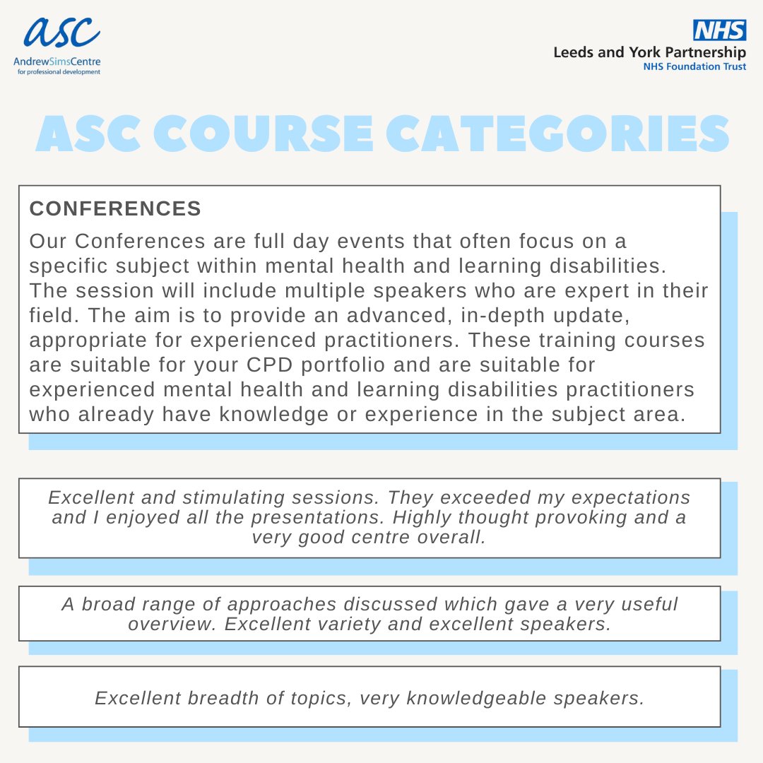 Andrew Sims Centre's Conferences courses are full day multi-speaker sessions with a focus on a specific subject within mental health and learning disabilities.

To book onto any of our courses, head to our website: andrewsimscentre.nhs.uk