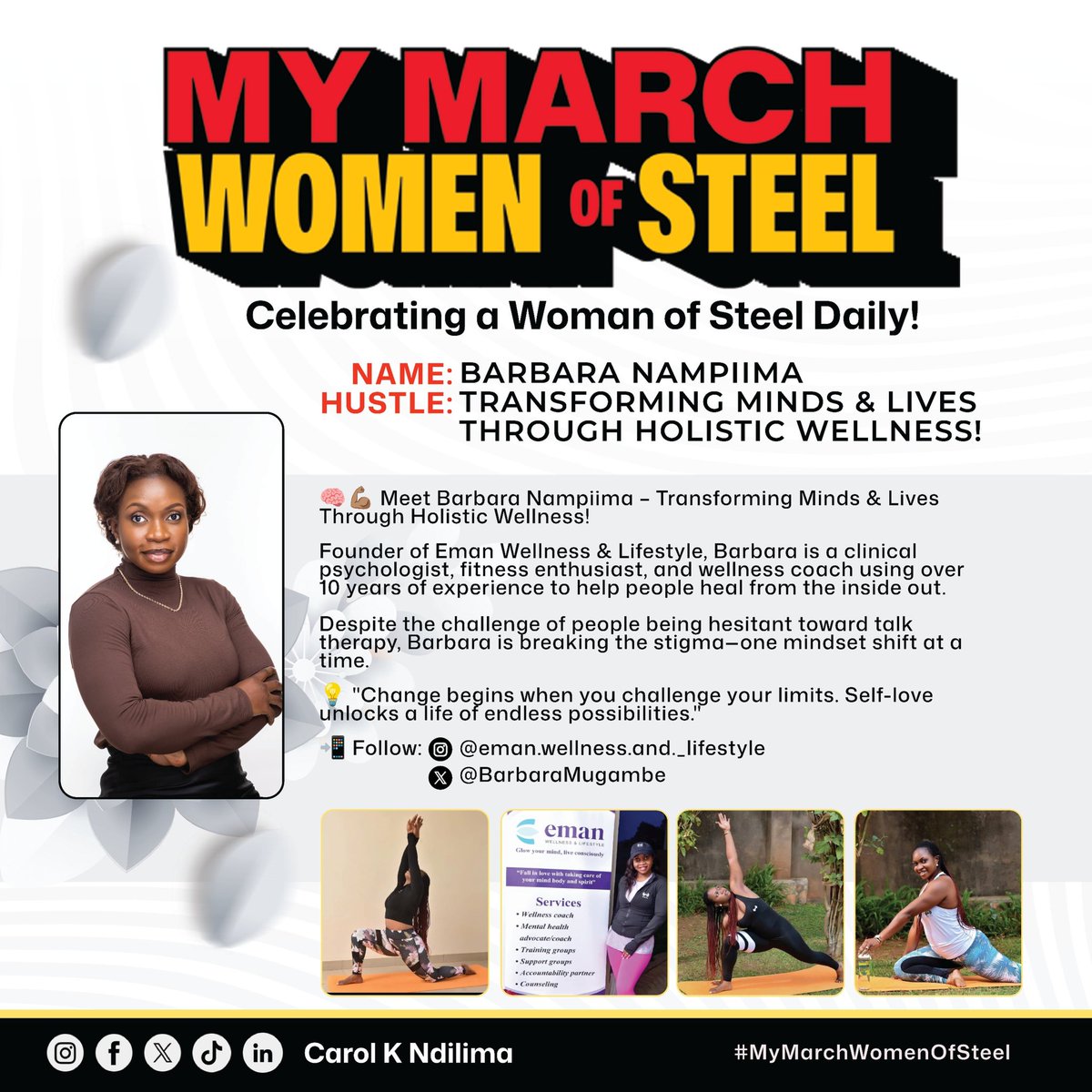 Carol K Ndilima (@carolkndilima) on Twitter photo 🧠✨ #MyMarchWomenOfSteel Spotlight – <a href="/BarbaraMugambe/">Barbara Mugambe</a>
Founder of <a href="/EmanWellness/">Eman wellness</a> & Lifestyle, Barbara is a clinical psychologist & wellness coach who’s helping people heal from the inside out through mindset, therapy & movement.
✅ 10+ years of guiding holistic healing
✅ 🧠✨ #MyMarchWomenOfSteel Spotlight – <a href="/BarbaraMugambe/">Barbara Mugambe</a>
Founder of <a href="/EmanWellness/">Eman wellness</a> & Lifestyle, Barbara is a clinical psychologist & wellness coach who’s helping people heal from the inside out through mindset, therapy & movement.
✅ 10+ years of guiding holistic healing
✅