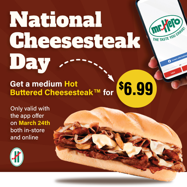 Happy National Cheesesteak Day! 🎉🥳
Today and tomorrow (March 24th &amp; 25th) get a medium Hot Buttered Cheesesteak™ for ONLY $6.99! 
Valid in-store and online with the coupon in the mobile app! 

📱Google 
play.google.com/store/apps/det…
📱Apple 
apps.apple.com/us/app/mr-hero…