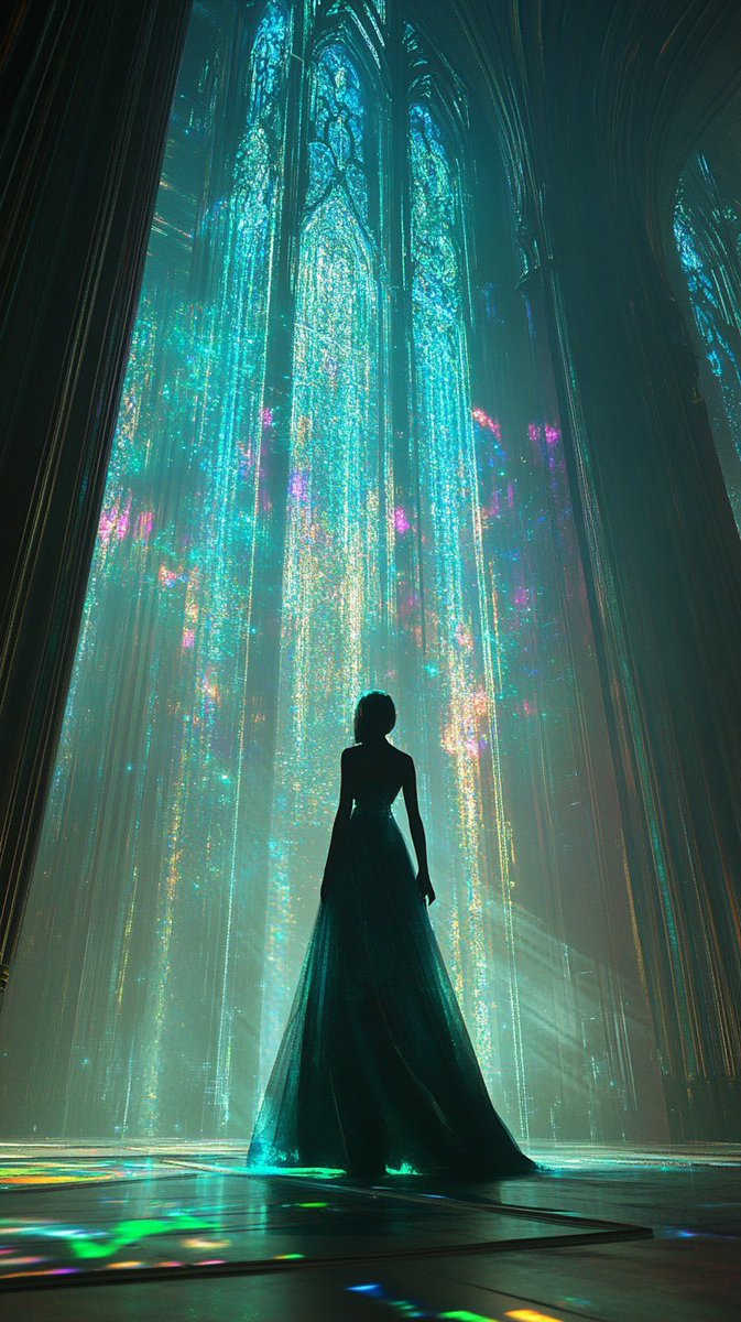 &gt;Canticle of Celestial Light&lt;

In the cathedral of time, where reality folds into flashes of iridescence, she contemplates the silent language of the stars. Each ray is a whisper from the universe reminding her that her soul is also light. 🌌✨

Good afternoon, Masters!
#aiart