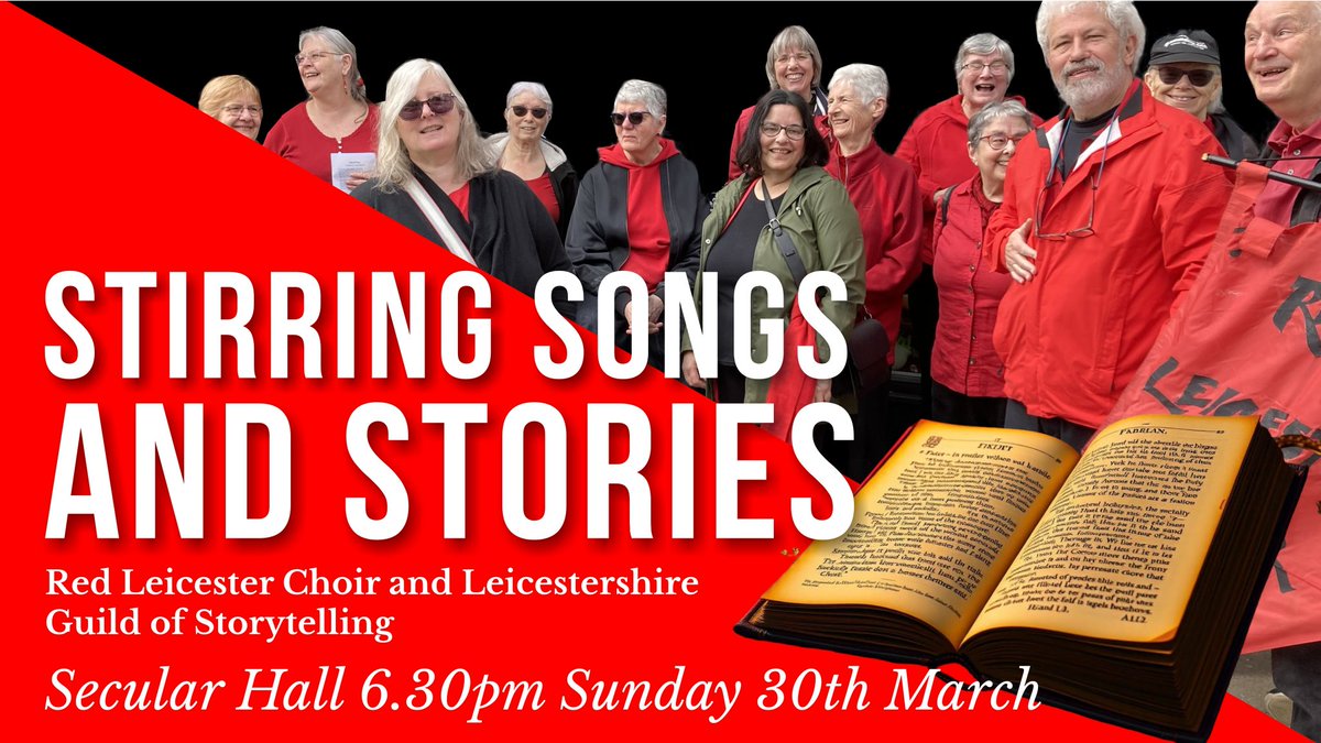 ✨ Stirring Songs &amp; Stories 🎶📖 

Join us at Secular Hall on Sun, 30th March, 6.30PM for an evening of music &amp; storytelling with Red Leicester Choir &amp; The Story Tree. Enjoy songs of protest, struggle &amp; celebration, plus tales to make the heart sing. Free entry, tea &amp; biscuits!