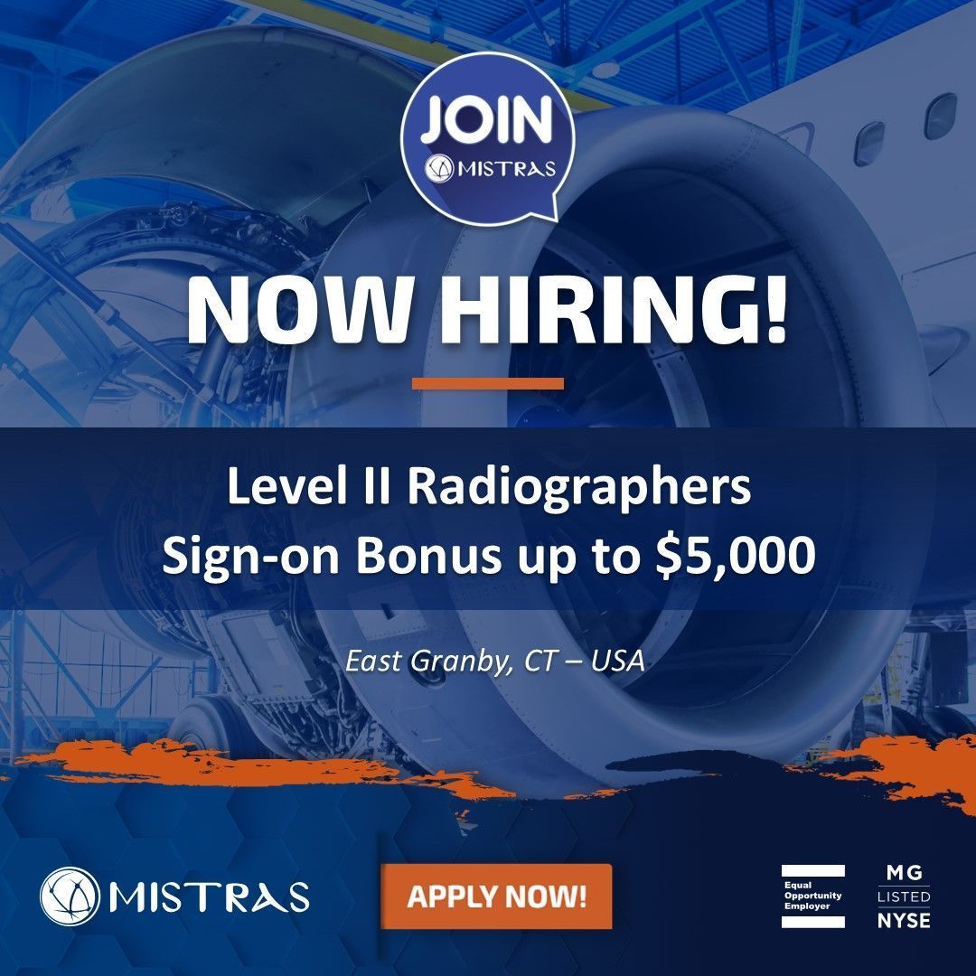 buff.ly/6qX5wWl - Exciting opportunity! MISTRAS (NYSE:MG) is hiring Level II Radiographers at our East Granby, CT lab, with sign-on bonuses available! Click above to apply today!

#TIC #Testing #Inspection #Certification #Compliance #Radiography #Hiring