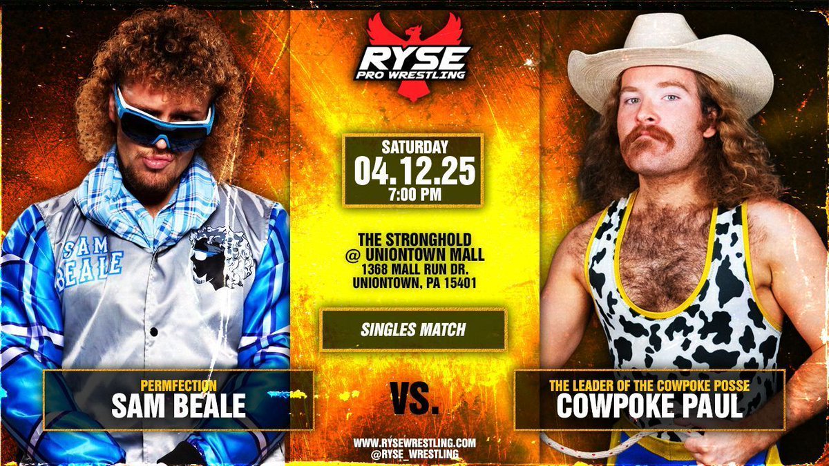rysewrestling's tweet photo. MATCH ANNOUNCMENT!

Sam Beale returns to Ryse to take on Cowpoke Paul! See the full lineup at https://t.co/guVq9nt0m2 

April 12th tickets: https://t.co/guVq9nt0m2 #Prowrestling #WWEfans #Pittsburgh #Events #Uniontown #NWA https://t.co/83jG81HEJm