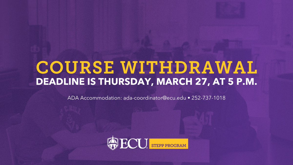 Heads up, #ECUSTEPP students! Important information about course withdrawal. ⚠️
The last day to withdraw from a course is Thursday, March 27, at 5 p.m. If you plan to withdraw, students must contact their major advisor and copy Adam Denney on the email.