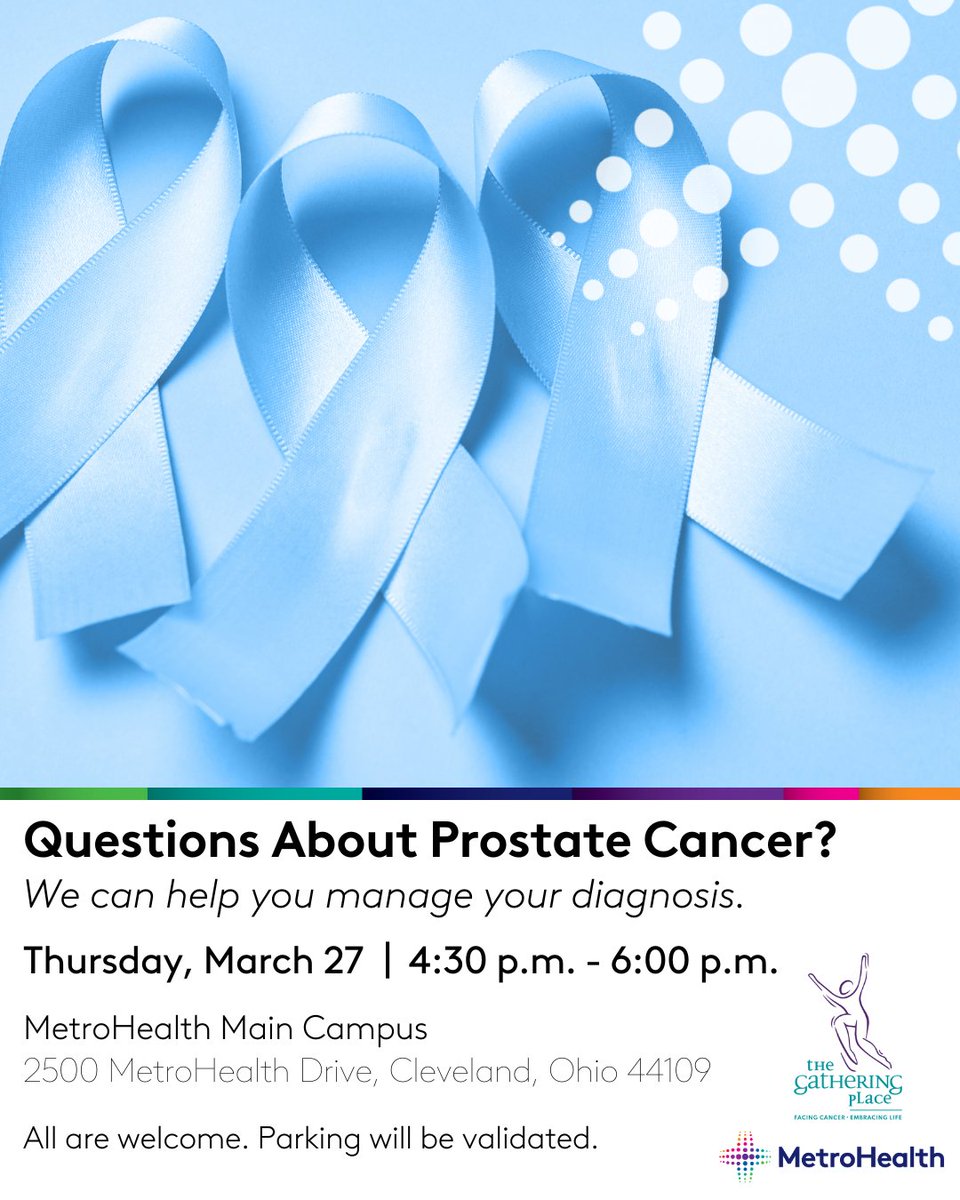 MetroHealth (@metrohealthcle) on Twitter photo Are you figuring out how to manage a prostate cancer diagnosis? Join us for a Q&A discussion on how to navigate the diagnosis and what resources are available. Register here: metrohealth.me/41LUzK2
Questions? Email hatfield@touchedbycancer.org or call 216-455-1517. Are you figuring out how to manage a prostate cancer diagnosis? Join us for a Q&A discussion on how to navigate the diagnosis and what resources are available. Register here: metrohealth.me/41LUzK2
Questions? Email hatfield@touchedbycancer.org or call 216-455-1517.