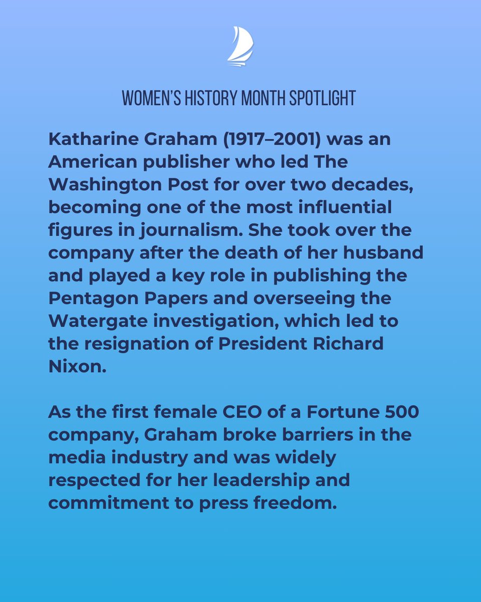 Women’s History Month spotlight of the week:  Katharine Graham.⁠
⁠
Swipe to read more about Katharine's life and legacy.