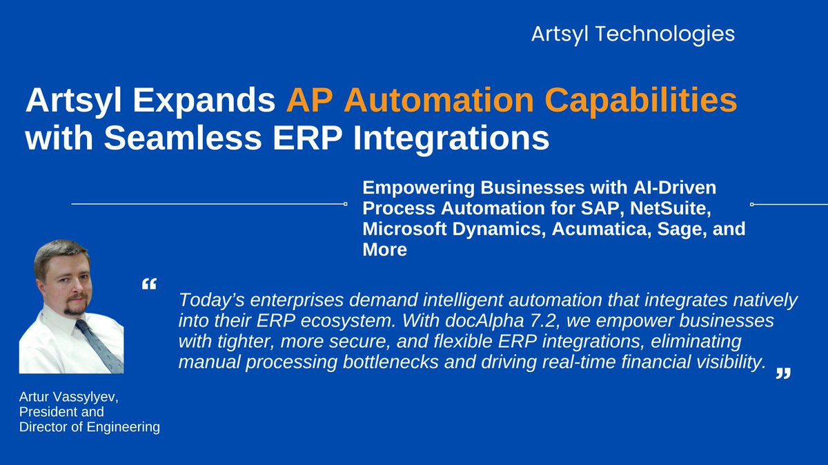ArtsylTech's tweet image. 🚀 𝗕𝗶𝗴 𝗡𝗲𝘄𝘀! Artsyl expands AP automation with seamless ERP integrations in docAlpha 7.2! Elevating invoice processing, sales order management, and payment automation for improved financial workflows. 📢 artsyltech.com/blog/artsyl-ex…

 #ArtsylTech #AI #ERP #APAutomation #RPA