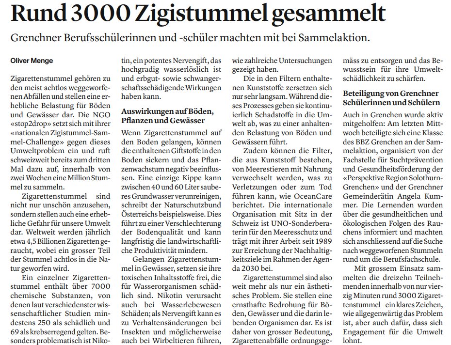 Blaues Kreuz Solothurn (@bksolothurn) on Twitter photo #Zigaretten-Stummel sind eine ernsthafte Bedrohung für Böden, Gewässer und darin lebende Organismen. Trotzdem werden sie millionenfach weggeworfen.
Es muss sich etwas ändern!
Danke allen, die sich für Verbesserungen einsetzen.
#Tabak #rauchen #rauchentötet #stop2drop <a href="/SZSolothurn/">SolothurnerZeitung</a> #Zigaretten-Stummel sind eine ernsthafte Bedrohung für Böden, Gewässer und darin lebende Organismen. Trotzdem werden sie millionenfach weggeworfen.
Es muss sich etwas ändern!
Danke allen, die sich für Verbesserungen einsetzen.
#Tabak #rauchen #rauchentötet #stop2drop <a href="/SZSolothurn/">SolothurnerZeitung</a>