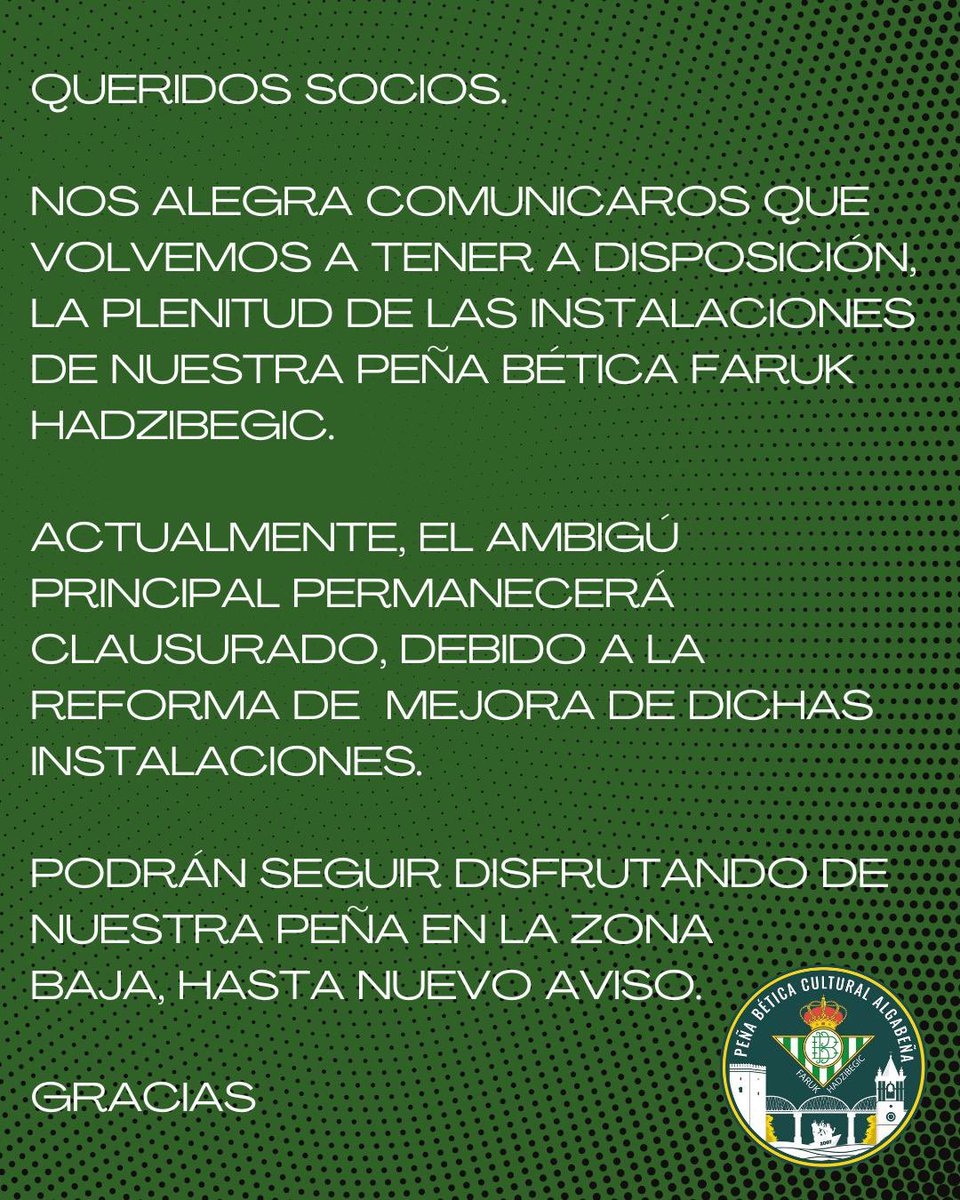 Nos complace informarle a todos/as nuestros socios/as que volvemos a tener a nuestra disposición la plenitud de nuestras instalaciones. 

El ambigú principal permanecerá clausurado debido a la reforma del mismo. Podréis seguir disfrutando de nuestra Peña en la zona baja.