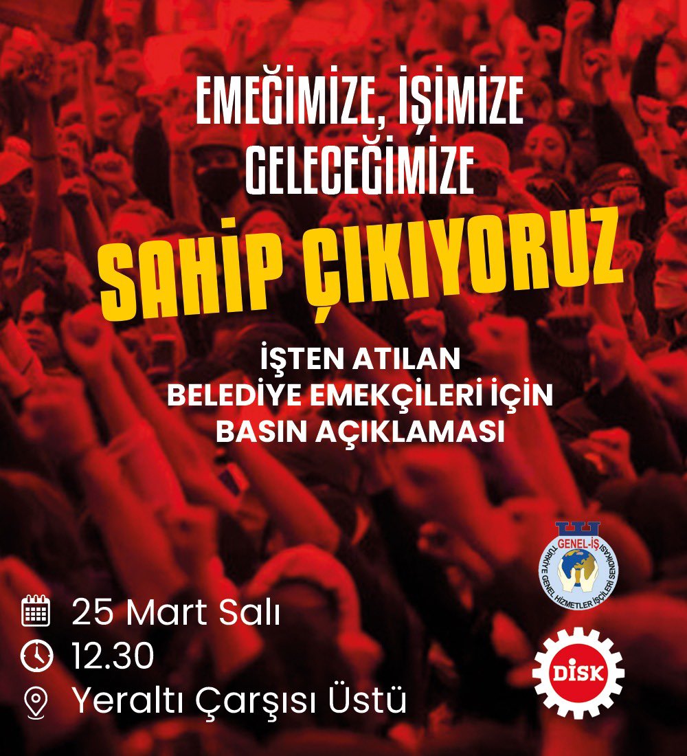 Emeğimize, işimize, geleceğimize sahip çıkıyoruz! 

Dersim Belediyesi’ne hukuksuz bir şekilde atanan kayyım tarafından işten atılan belediye emekçileri için tüm Dersim halkını basın açıklamasına çağırıyoruz! 

📅 25 Mart - Salı
🕣 12.30
📍 Yeraltı çarşısı üstü - Dersim Merkez