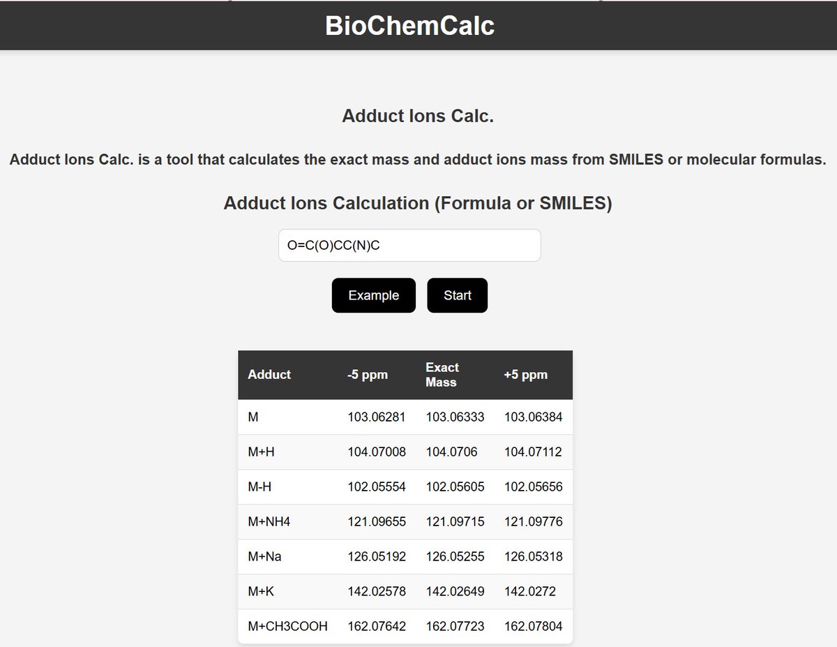BioChemCalc's tweet image. Die Funktion zur Berechnung von Addukt-Ionen und zum Abgleich gemessener Massen wurde zu BCC hinzugefügt. Probieren Sie es jetzt aus: biochemcalc.com
#Biochemie
#Chemoinformatik
#LCMS
#Massenspektrometrie