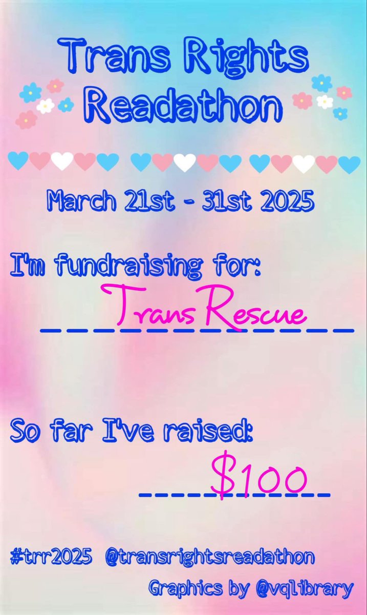 The first weekend of Trans Rights Readathon has ended! Here’s where we’re at so far. 4 books read and $100 raised for <a href="/Trans_Rescue/">TransRescue</a>!
#trr2025 #TransRightsReadathon <a href="/TRReadathon/">Trans Rights Readathon</a>