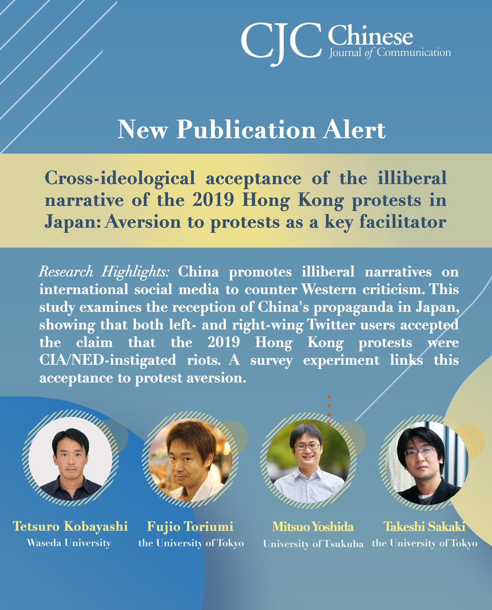 New pub alert! Kobayashi et al. examine the reception of China's propaganda in Japan, showing that both left- and right-wing Twitter users accepted the claim that the 2019 Hong Kong protests were CIA/NED-instigated riots.

Read here: doi.org/10.1080/175447…