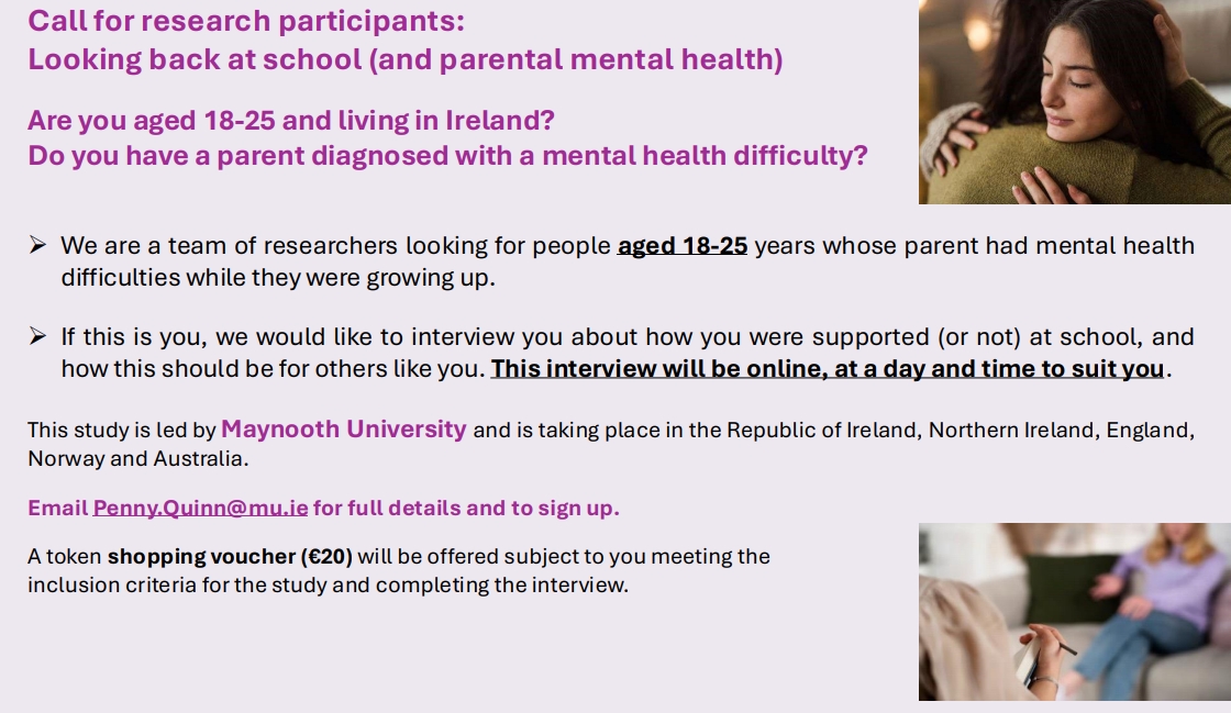 CMHCR_maynooth's tweet image. 📢Research Participants needed
Are you 18-25, living in Ireland, with a parent(s) who had   a diagnosed mental health difficulty when you were attending secondary school? If so, we would like to invite you to take part in an online interview.
Details👇
Retweets🙏