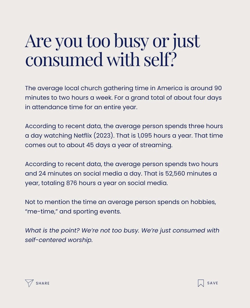 PiggJessica's tweet image. Are we really too busy or just consumed with self? Scroll over for some real data on time and where it’s all going. Spoiler alert—it’s all being wasted on pleasing self and lesser things.