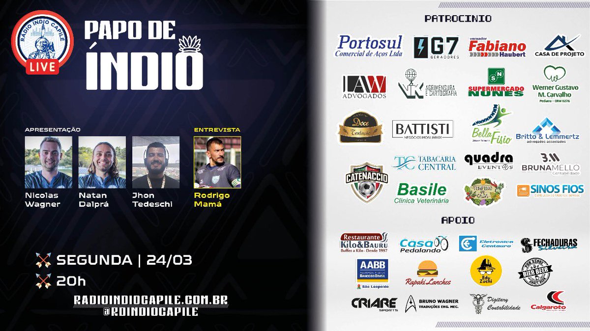 rdindiocapile's tweet photo. 🎙PAPO DE ÍNDIO ENTREVISTA RODRIGO MAMÁ, NOVO GOLEIRO DO AIMORÉ
🗣@NicoWagner, @palindromices e @jhontedeschi
⏰20h
🎧https://t.co/NMbDZDQYQw, apps e Lives no Facebook e YouTube
📲Participe no WhatsApp (51)994898080 ou nas Lives no Facebook e no YouTube
#papodeindio #aimore https://t.co/SXzrj1UgKV