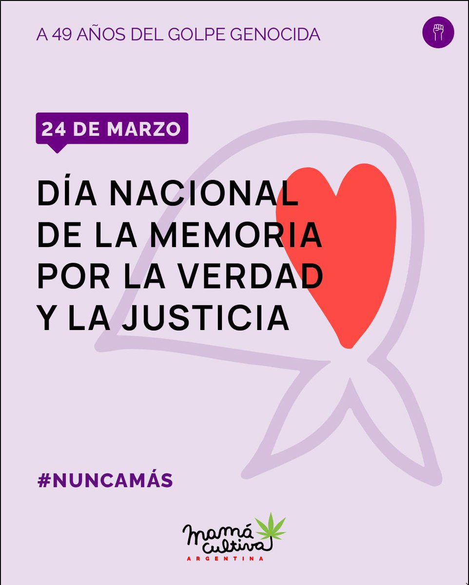 Porque sin derechos humanos, no hay salud ni cuidados, les invitamos a marchar junto a la Comunidad Cannábica, para que el Nunca Más también signifique nunca más persecución, nunca más criminalización, nunca más terrorismo de Estado.

📍14 hs en Yrigoyen y Solis 
#NuncaMás  #24M