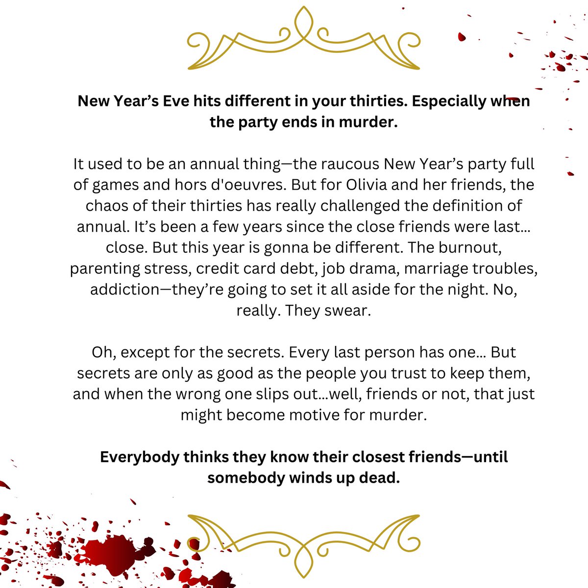 It’s the cover for my third book, out November (US) and December (UK)! 
🍾🥂🎉

The pitch: Morally gray disaster characters + locked room murder mystery + 24 hours