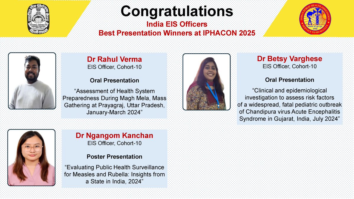 NCDC congratulates India EIS officers on Best Presentation Winners@ at IPHACON 2025 <a href="/MoHFW_INDIA/">Ministry of Health</a> <a href="/DghsIndia/">DGHSIndia</a>
